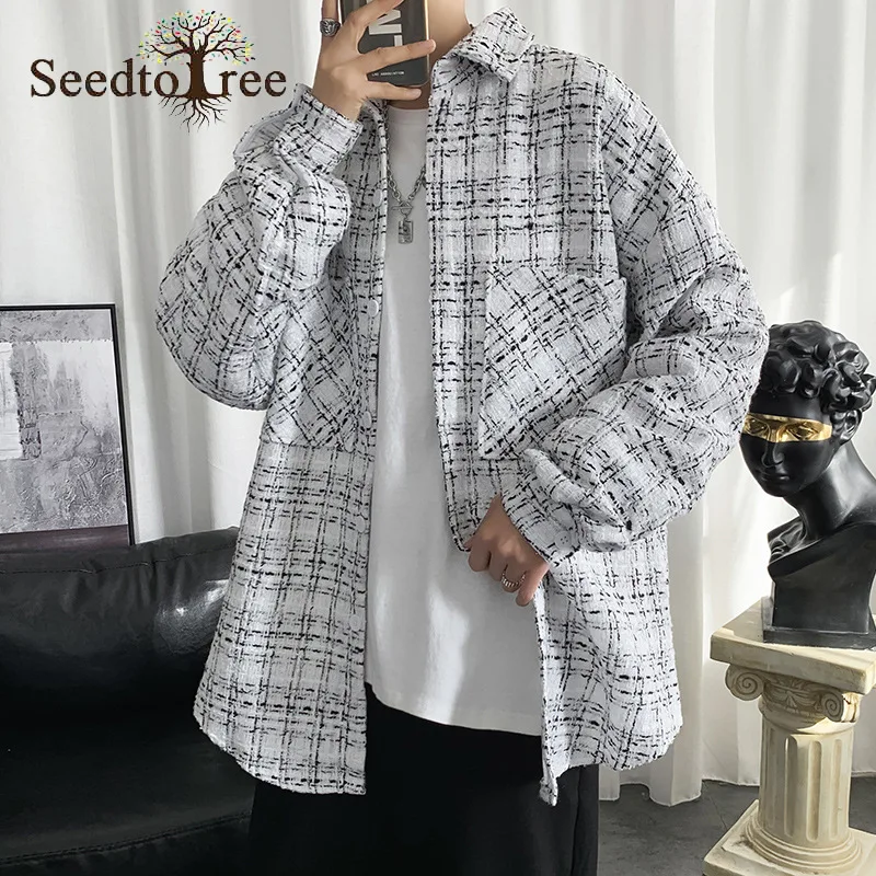 

Men's Jacket Loose Casual Fashion Turndown Collar Jacket Korea Plaid Woolen Coat