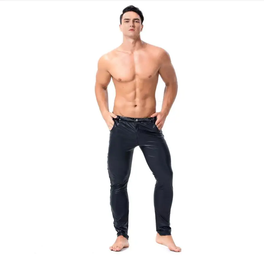 Высокоэластичные мужские черные латексные леггинсы из искусственной кожи