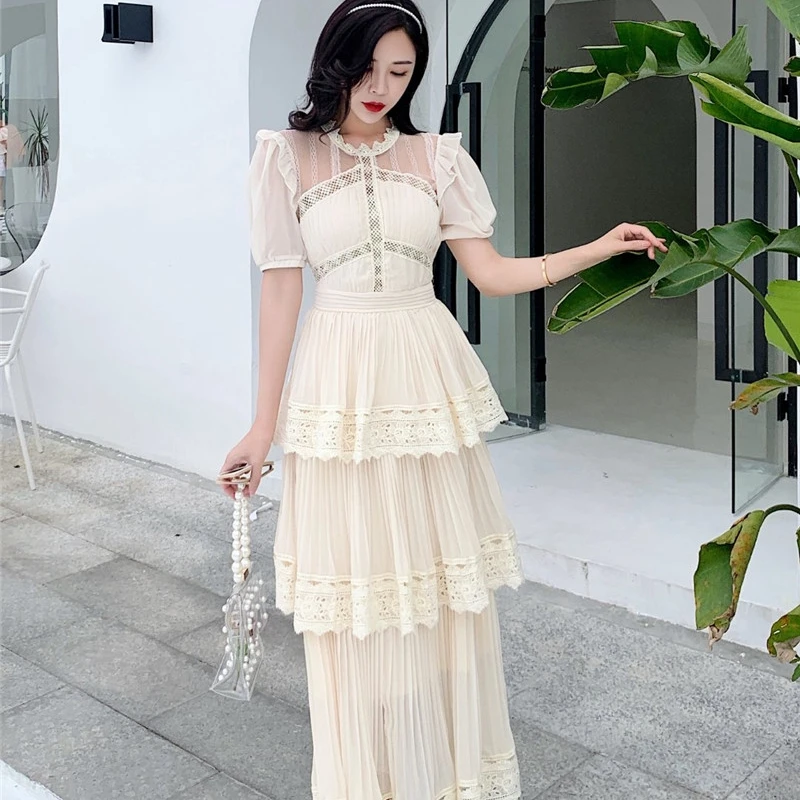 

High Quality Runway Self Portrait Dress 2020 Women Sexy O-neck short-sleeved cake long Dresses Chic Lace Summer Dress