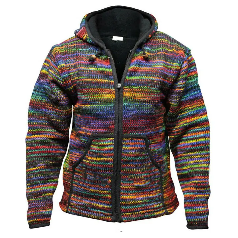 

Men Hippie Hoodie Knitted Cardigan Vintage Bohemian Autumn Casual Jacket Outwear Long Sleeve Colorful Coat Hooded Zip Up Tops