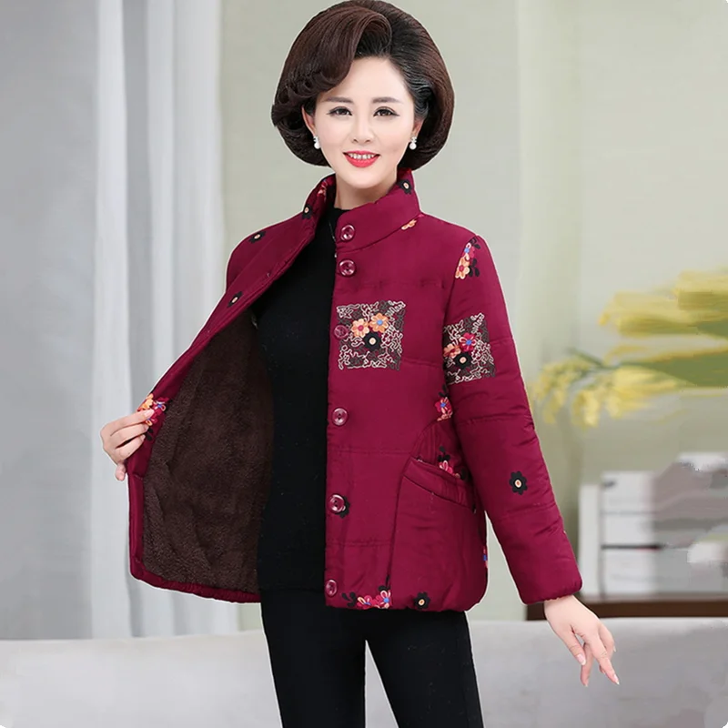 UHYTGF Winter Cotton Coat Women Fashion Print Thicken Warm Parker Coat Female Casual Mom Short Jacket 5XL Loose Size Overcoat 29