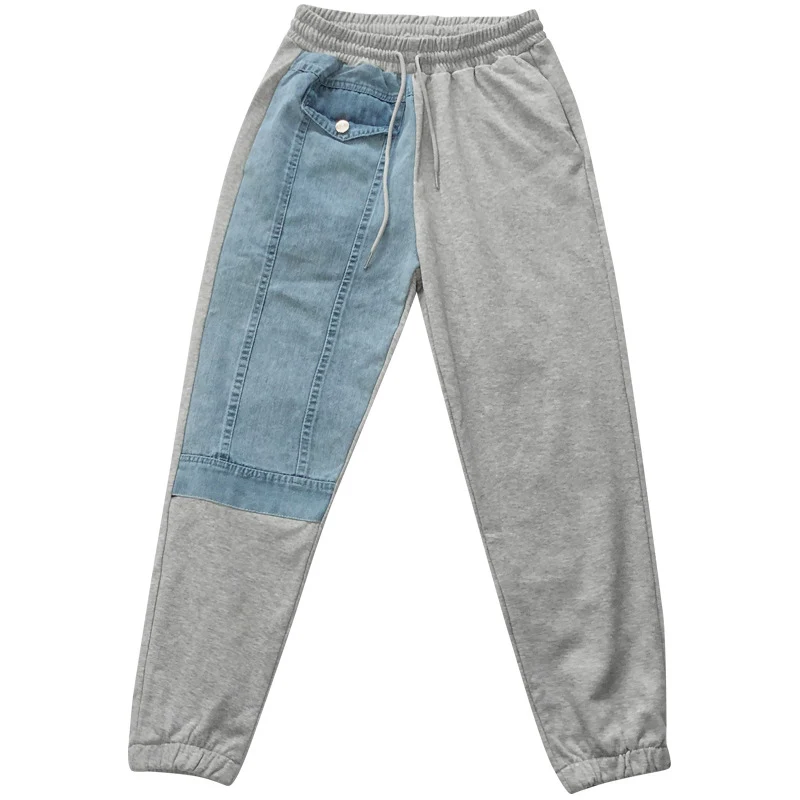 

Women Fashion Contrast Loose Jogging Pants Autumn High Waist Sport Trousers Female Denim Patchwork Ankle-length Casual Pants