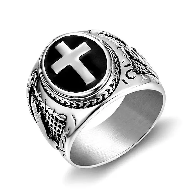 Silver Хип-хоп винтажное серебряное Золотое черное двухцветное кольцо-печатка со священным крестом молитва христианский Иисус религиозный коктейль валентинка Размер 7-15 - Цвет основного камня: Silver