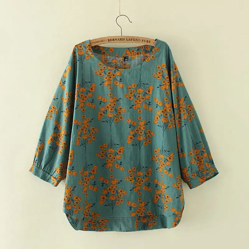 

Plus size floral print t shirt woman three quarter sleeve tshirt 2020 cotton linen women t-shirts autumn tops tee shirt femme