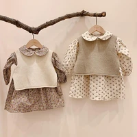 2021 kids clothes set baby girls sweaters sleeveless children knited vest cotton pants floral blouse 3pcs suit girl boys outfits
