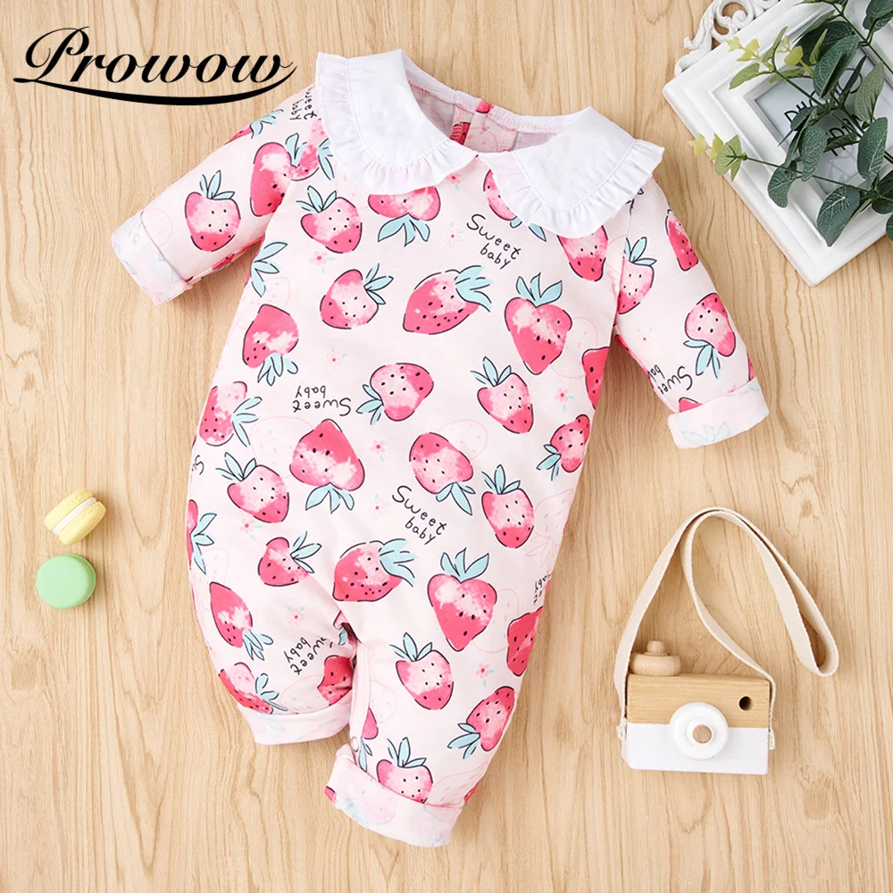 

Prowow Strawberry Baby's Rompers Doll Collar With Lace Newborn Jumpsuit For Kids Girls Clothing Autumn Winter Baby Girl Overalls