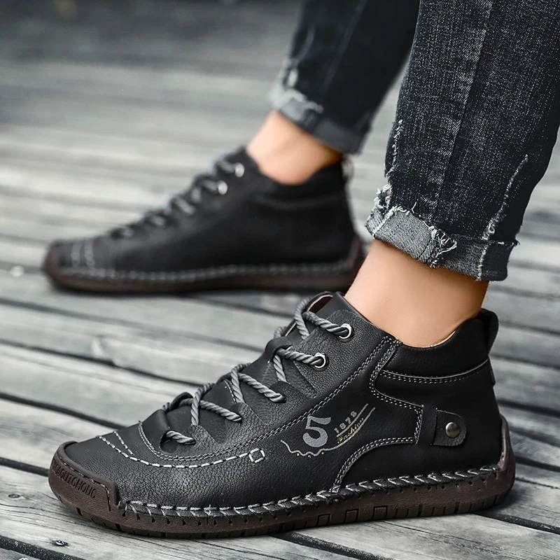 SMS Fashion Men Leather Boots Warm Fur Snow Boots Winter Hiking Shoes Sneakers Split Leather Comfortable Ankle Lace Up Boots