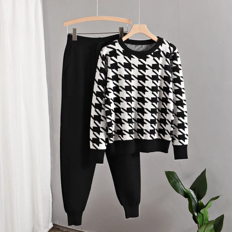 

Houndstooth Knit Womens Tracksuits Fashion O Neck Woman Pullovers + Harem Pants Two Piece Sets Winter Outfits Four Color