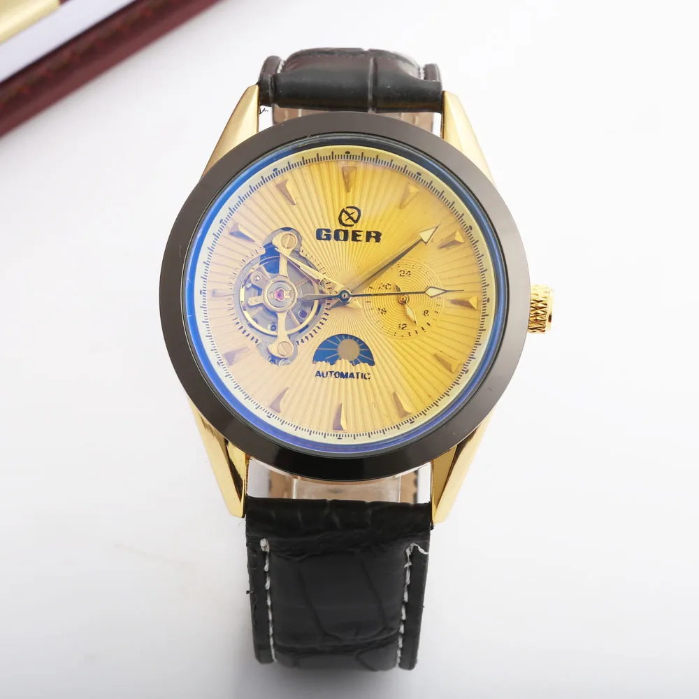 Мужские автоматические механические наручные часы GOER с Лунной фазой и