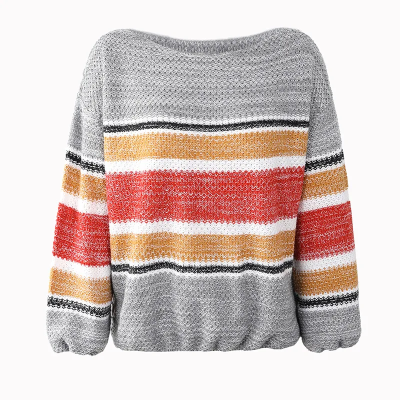 

2021 New Rainbow Striped Twill Collar Sweater Pullover Women's Autumn Spring and Winter Colorful One-way Neck Knitted Pullover