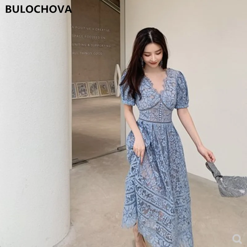 

Женское кружевное ажурное платье, подиумное дизайнерское праздничное длинное платье с V-образным вырезом, коротким пышным рукавом и высокой талией, облегающее Повседневное платье, лето