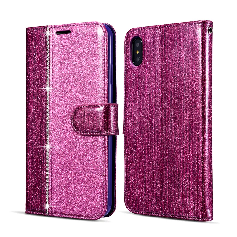 Фиолетовый Блестящий Алмазный флип-чехол для iPhone 7 Plus 6 6S 8 11 Pro XS Max XR 8Plus 7 Plus iPhone11 кожаный бумажник-книжка блестящий чехол - Цвет: Фиолетовый