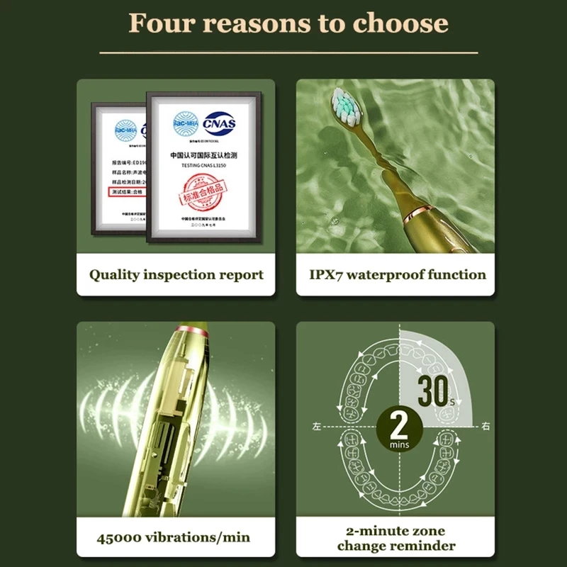 

Ultrasonic Electric Toothbrush BS-201 Adult Timer Brush 4 Mode USB Charger Rechargeable IPX8 Tooth Brushes Replacement Heads Set