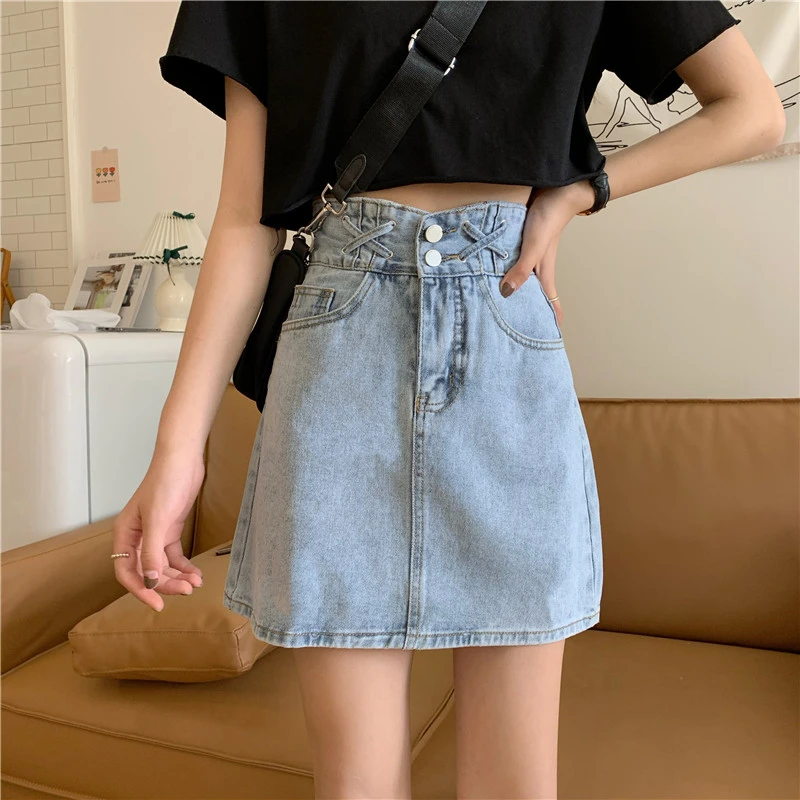 

Casual High Waist Pencil Denim Skirts Women 2021 Summer Blue Solid Pockets Button All-matched Jeans Skirt A549