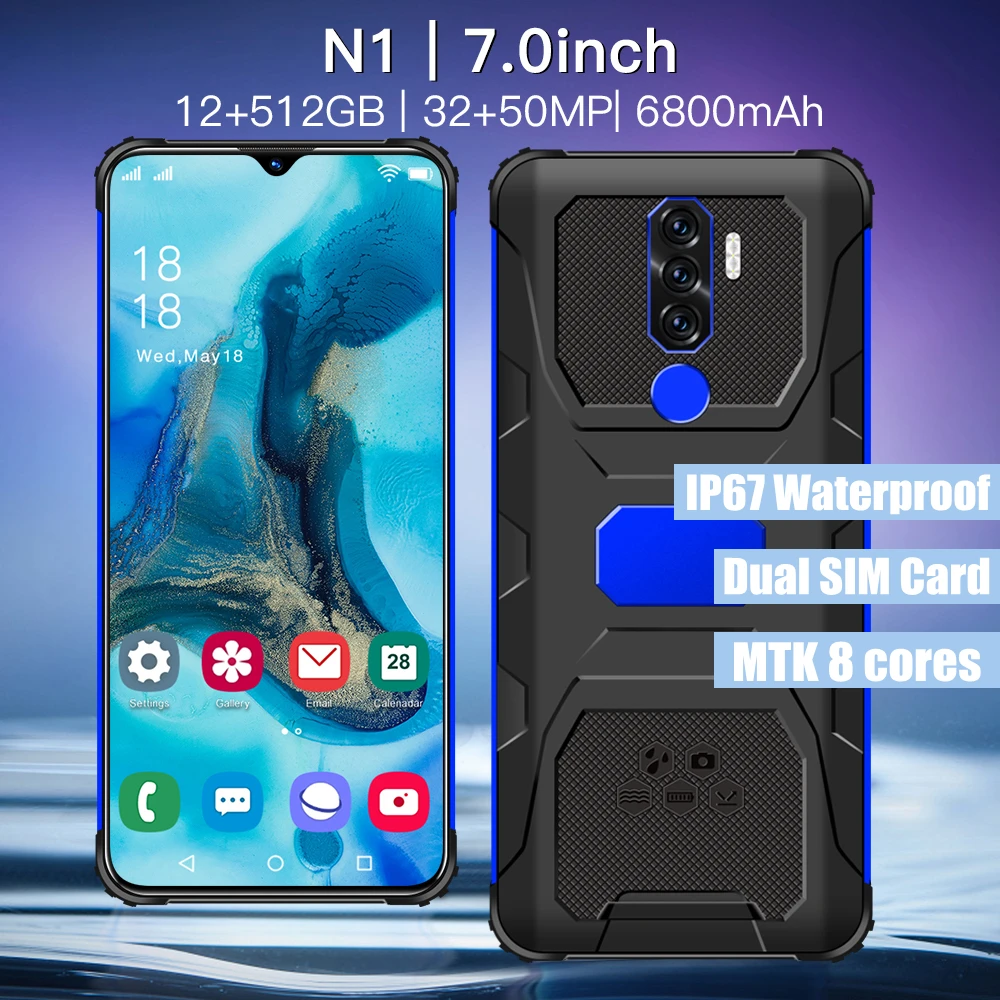 

N1 7.0Inch 12GB 512GB 6800mAh 4G LTE Smartphone IP67 Waterproof Rugged 32MP Camera 8 Cores Dual SIM Card Cellphone Qualcomm