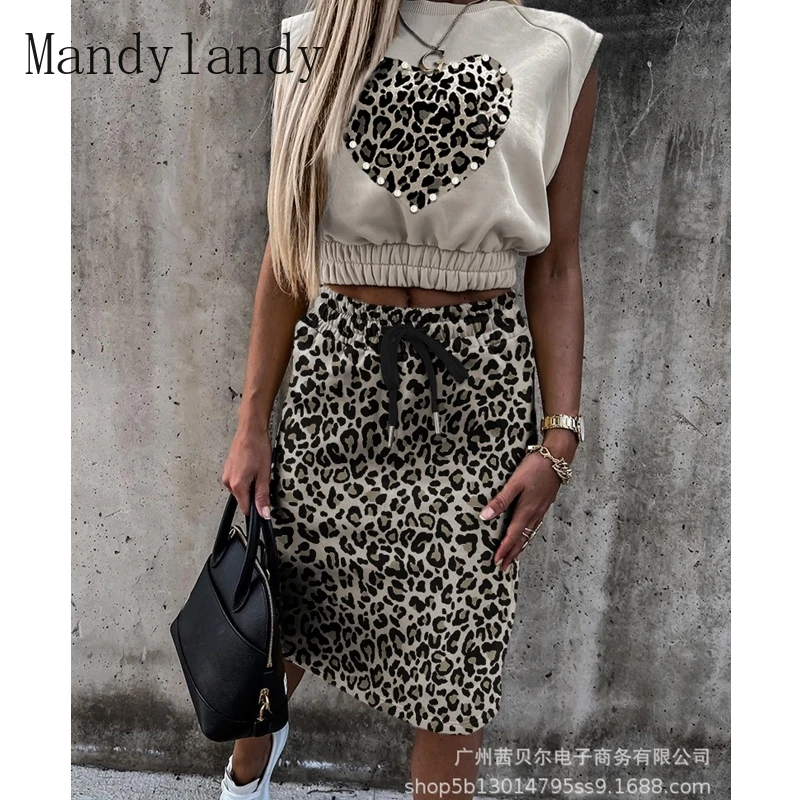 

Mandylandy Summer Fashion Sleeveless O-Neck Vest + Lace Up High Waist Skirt Suit Women's Casual Leopard Print Slim Suit