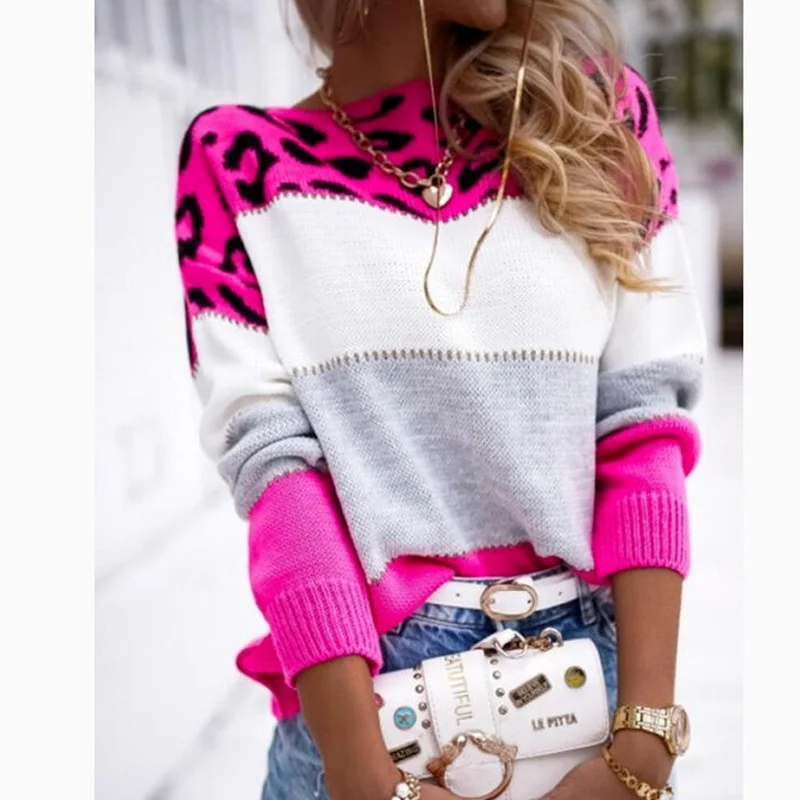 

Autumn Fashion Women's Round Neck Pullover Leopard Print Loose Knitted Sweater