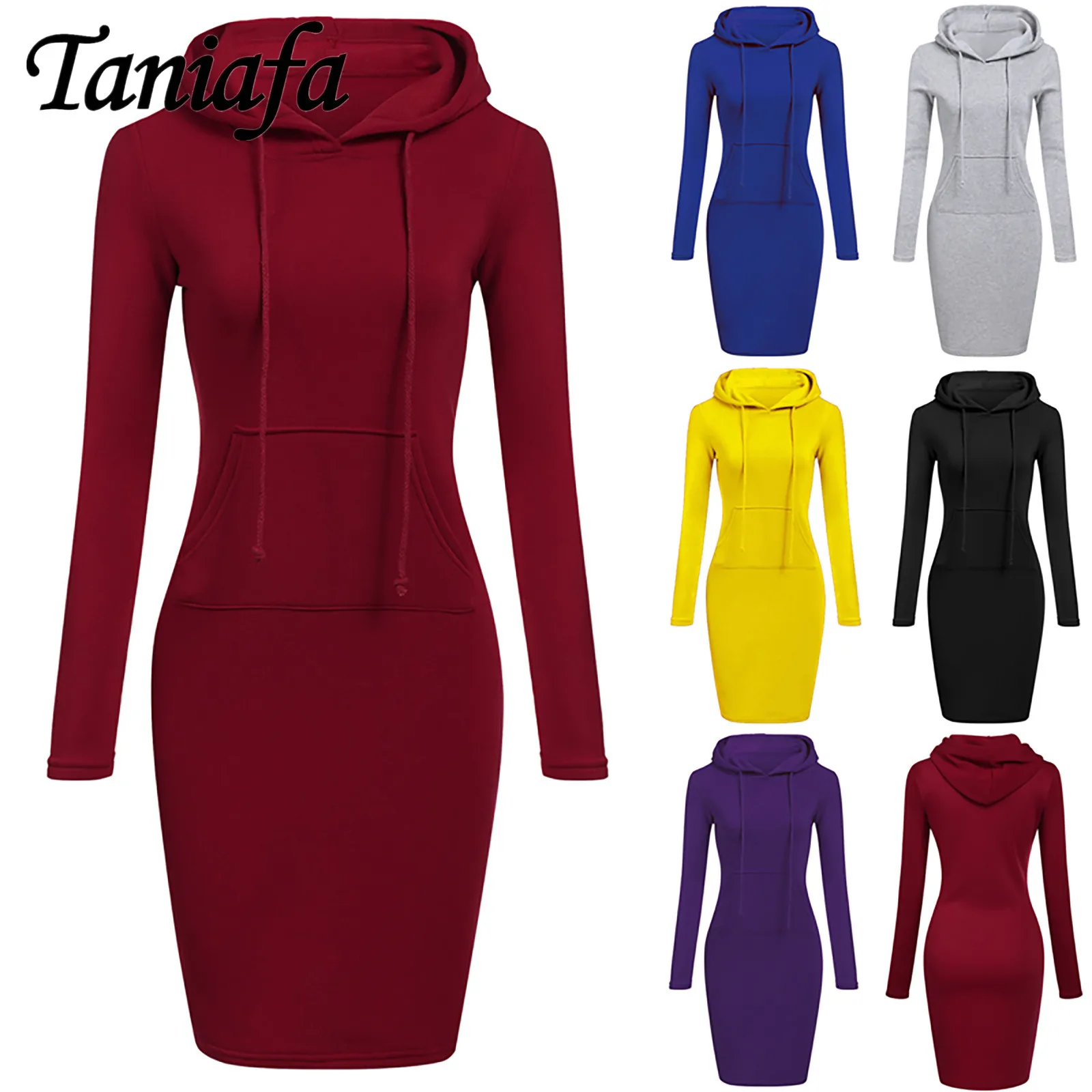 

Casual Solid Color Sweatshirt Dress Women Autumn Winter Hooded Dress Long Sleeve Maxi Dress