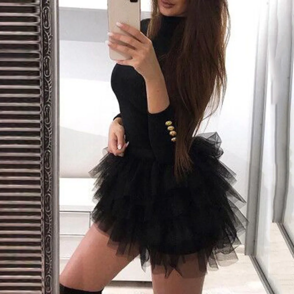 Женское однотонное черное Сетчатое мини-платье на пуговицах с вставками и