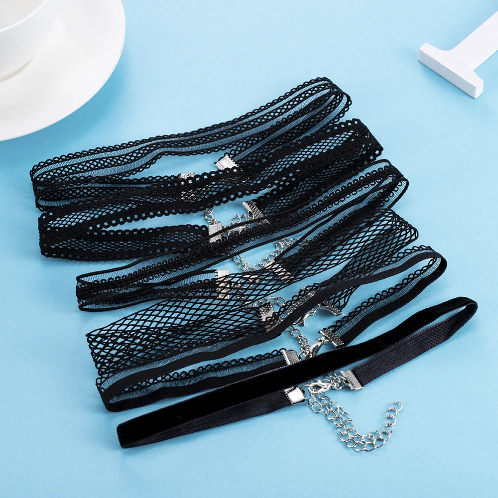 Женское кожаное ожерелье-чокер с кружевом и бархатной полоской | Украшения