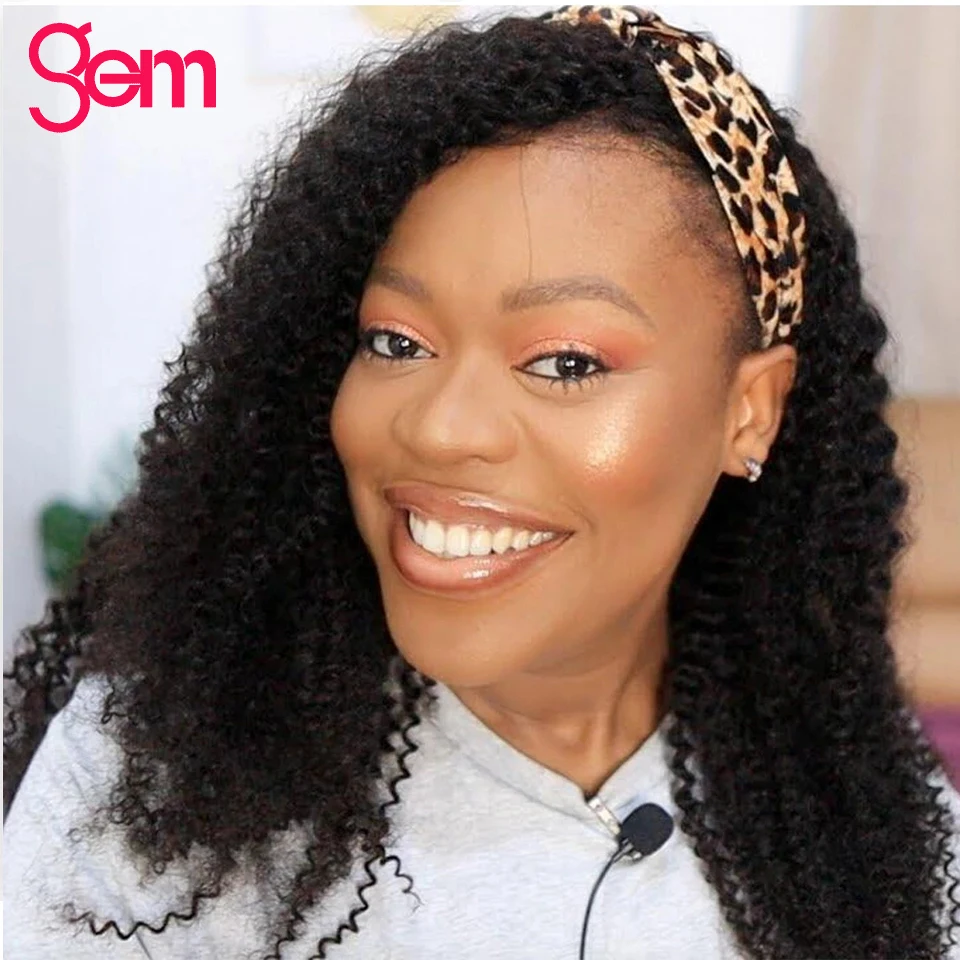 Парик с головной повязкой человеческих волос афро кудрявый вьющиеся парики GEM 150