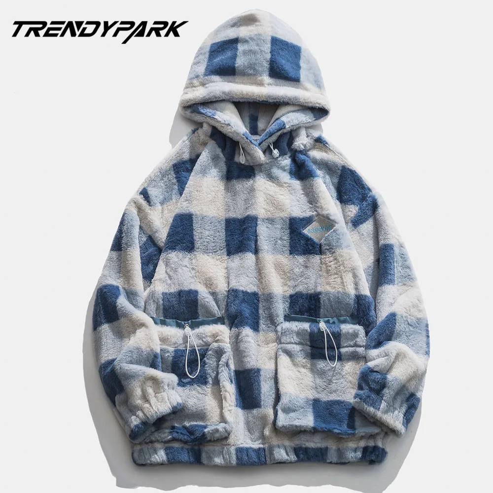 Мужская Флисовая Толстовка с капюшоном черная теплая Повседневная в клетку