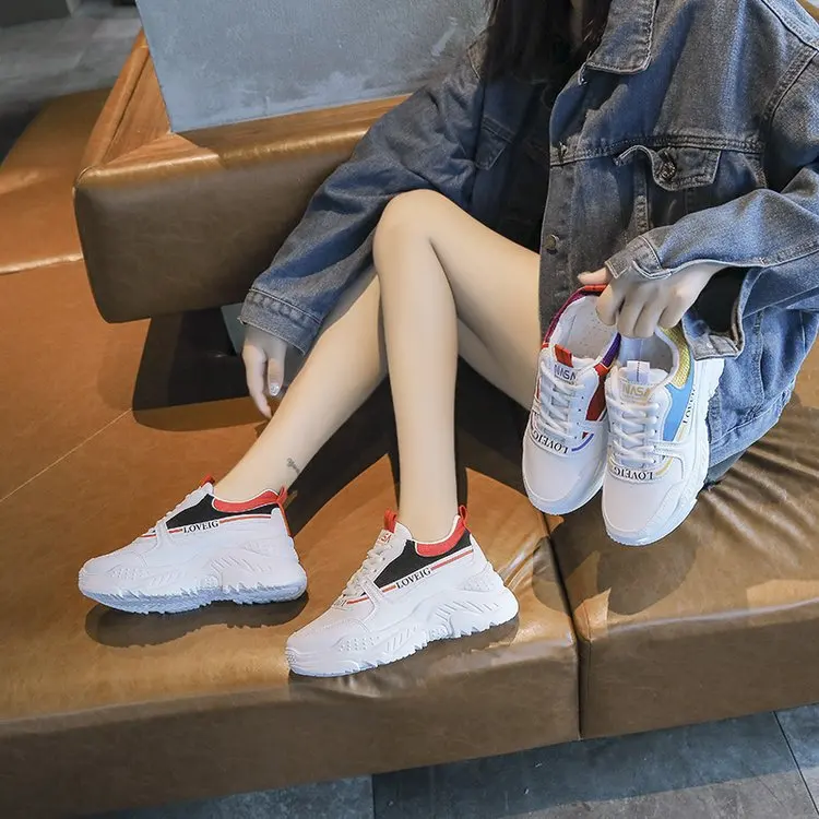 

Spring New Casual Travel Shoes Women Round Toe Lace-Up Mesh Platform Shoe Fashion White High Heel Running Sneakers Woman