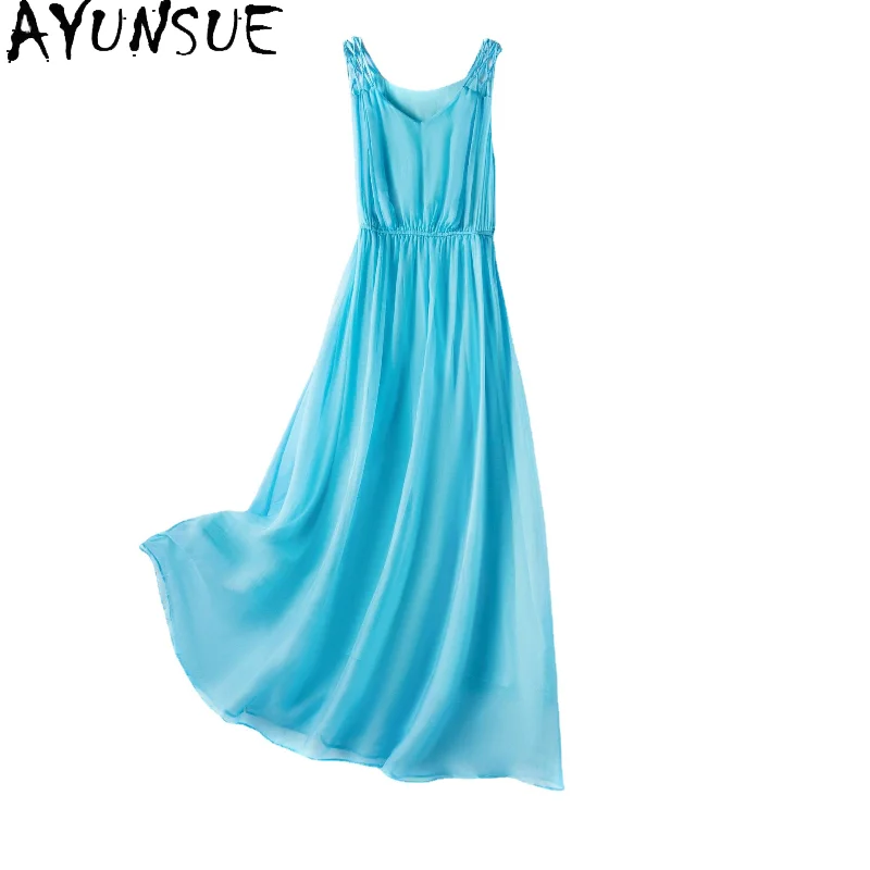 

AYUNSUE 100% платье из натурального шелка женские элегантные платья в стиле бохо Простые Летние платья с открытыми плечами для женщин Vestido De Mujer