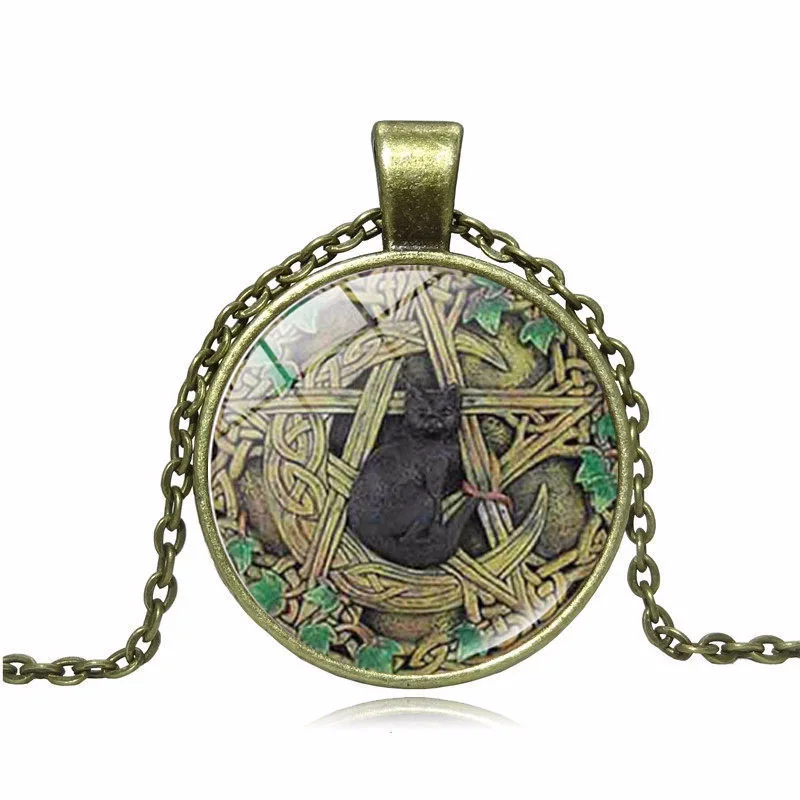 

Vintage Glass Dome Pendant Black Wicca Pendant Necklace Magical Pentagram Black Cat Jewelry Charm Necklaces for Women