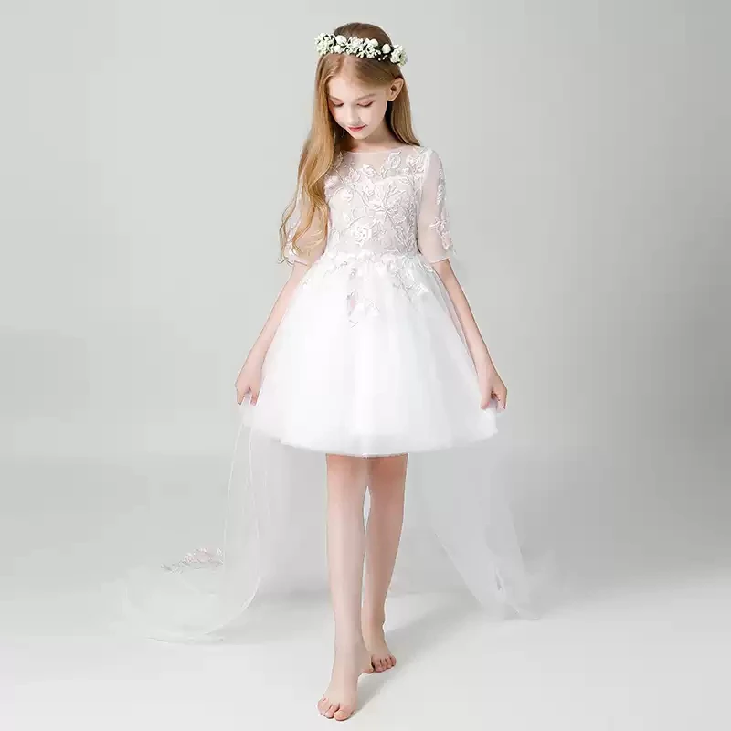 

Flower Girl Dresses Illusion Short O-Neck Embroidery Knee-Lengrh Princess Tulle Lace Luxury White Elegant Kids Party Gown H499