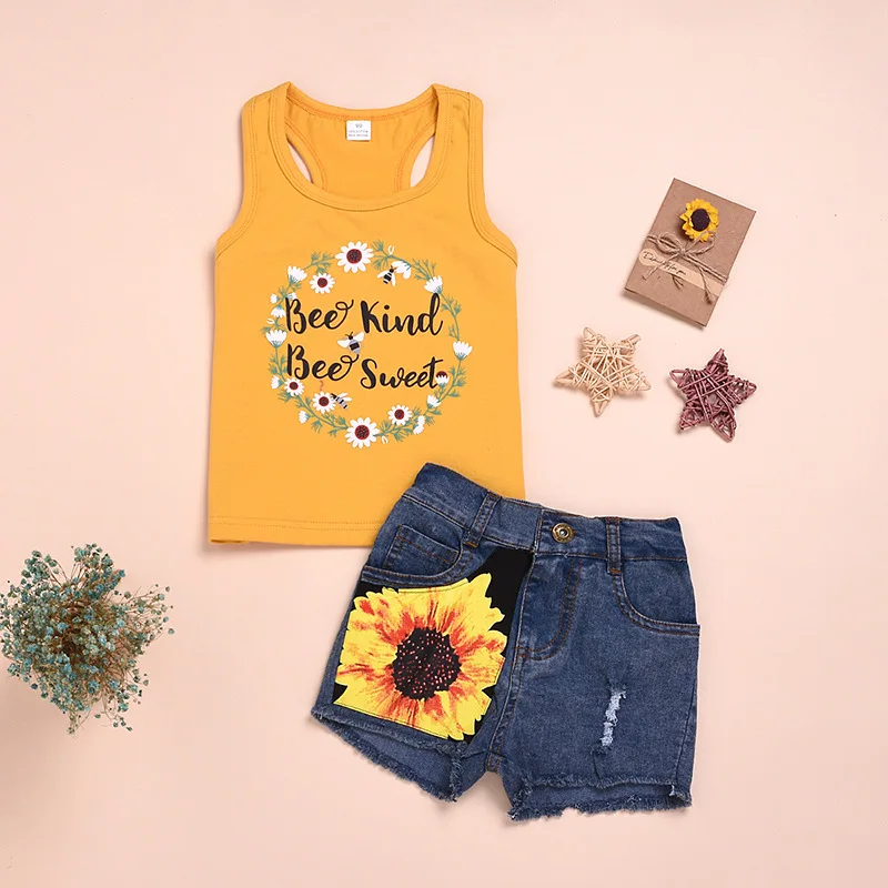 Модный летний комплект одежды без рукавов с цветочным рисунком для маленьких