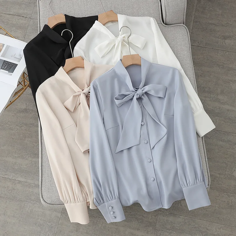 

Autumn And Winter New Style Bow Tie Long Sleeve Shirt Satin Streamer Occupational Temperament Fashion Commuting