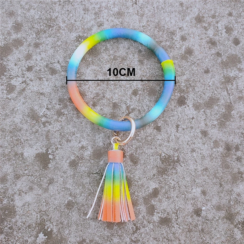 

SEDmart Rainbow PU Keyring Leather Round Tassel Bracelet Bangles for Women Trendy Big Circle Gringe Spot Keychain Accessories