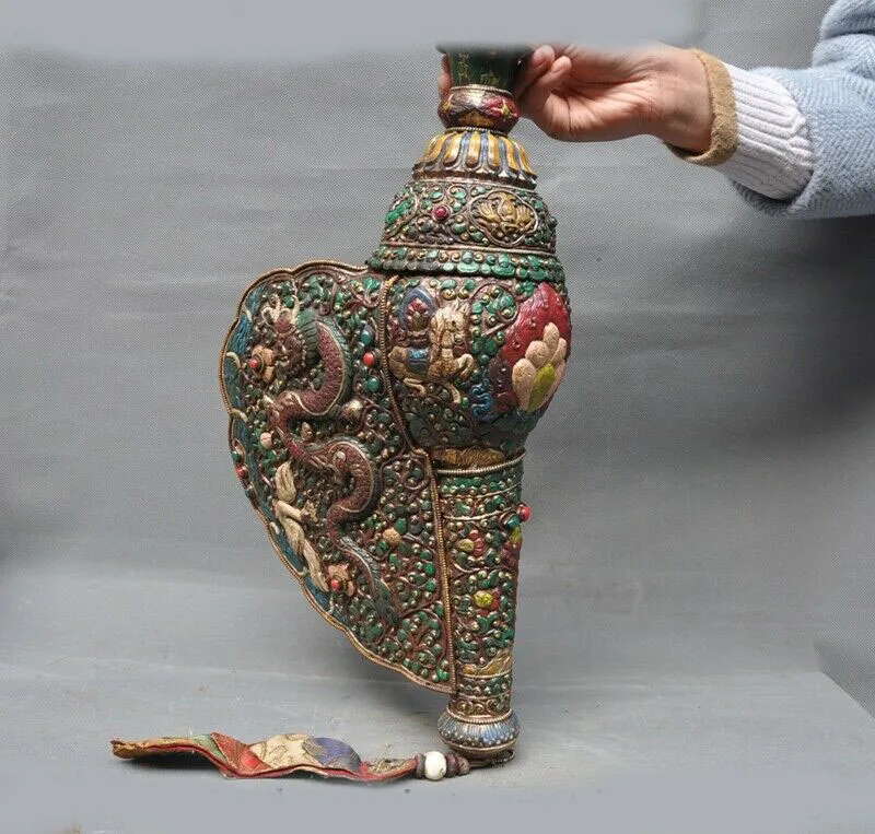 

wedding decoration 18"Conch Bronze Painted inlay gem Dragon horse Elephant Conch Trumpet Horn Shell