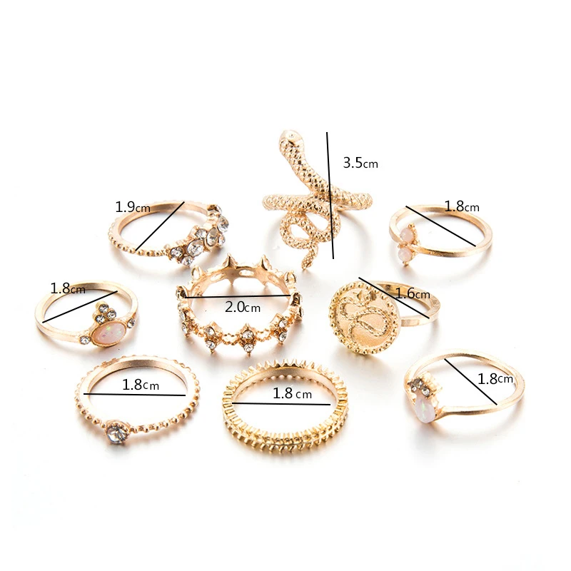 

9 Pcs/Set Retro Women Rings Set Snake Carved Oval Square Star Crystal Geometric Finger Joint Gold Ring Boho Party Female Jewelry