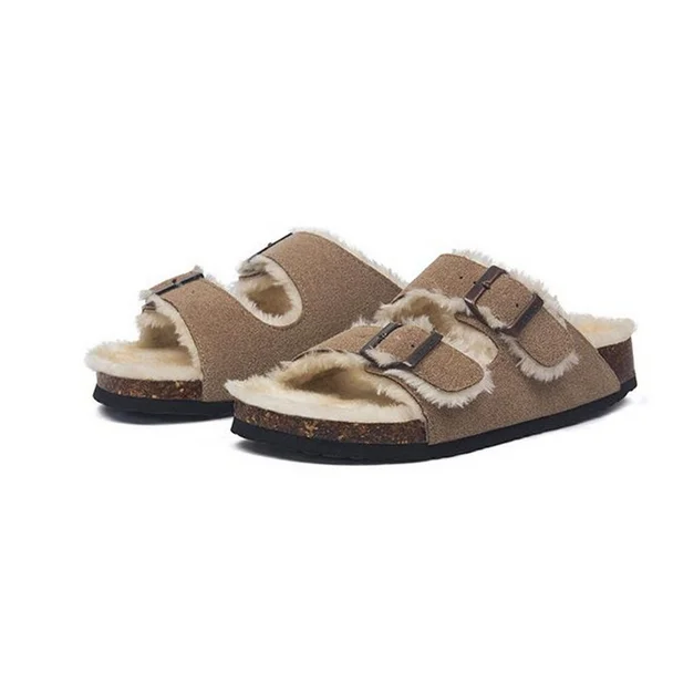 

Новинка, тапочки из овечьего меха и пробки, осенние женские повседневные однотонные сланцы из натуральной кожи с мягкой плюшевой пряжкой дл...