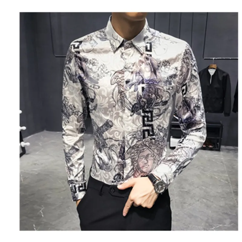 Новинка мужские рубашки в стиле барокко с черным золотым принтом приталенные