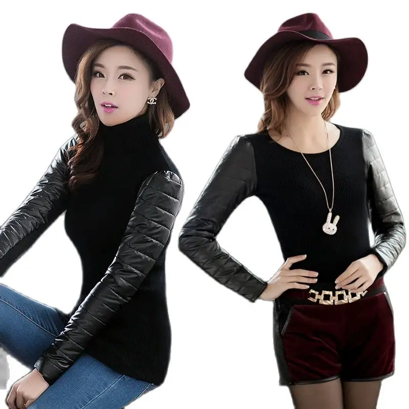 Женский свитер с воротником-хомутом из искусственной кожи зимний | Женская