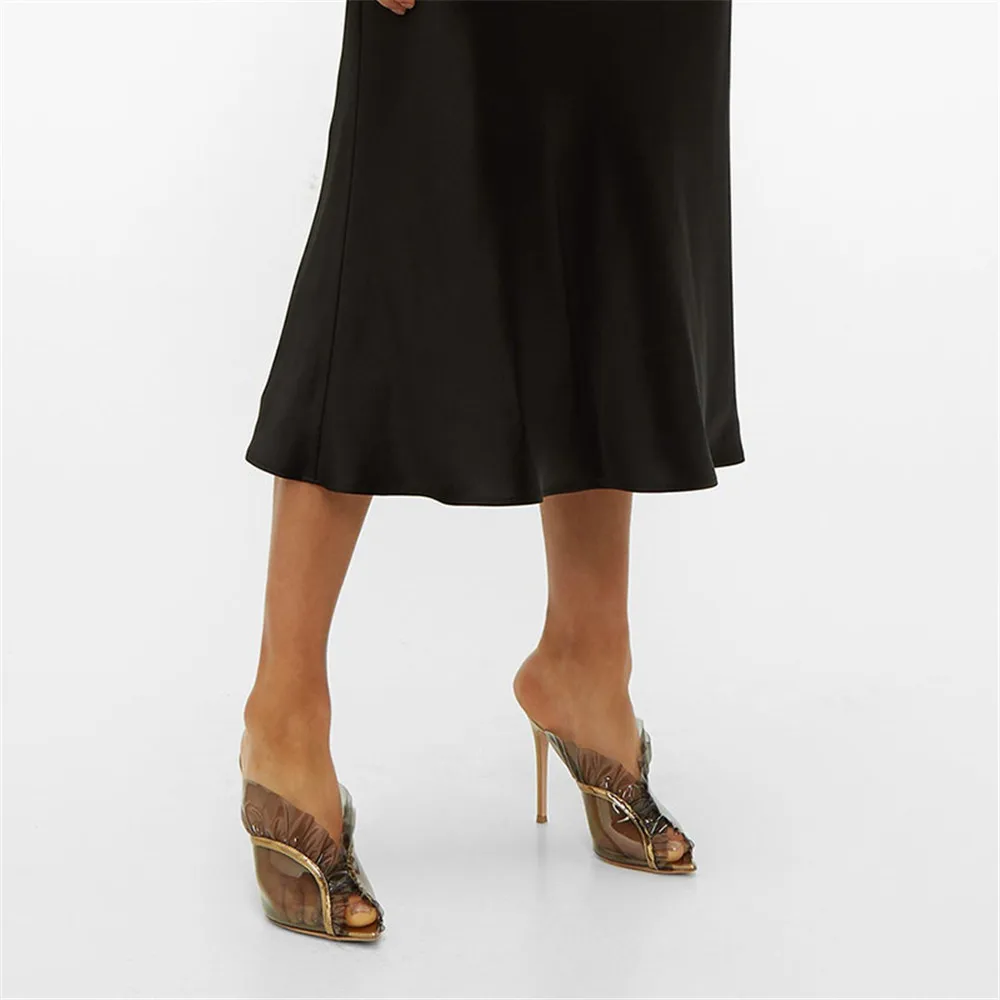 

Aiyoway Large Size Fashion Sexy Peep Toe Pvc Ruffle Sandals Shoes Woman Clear Summer Ladies Transparent High Heels Mules