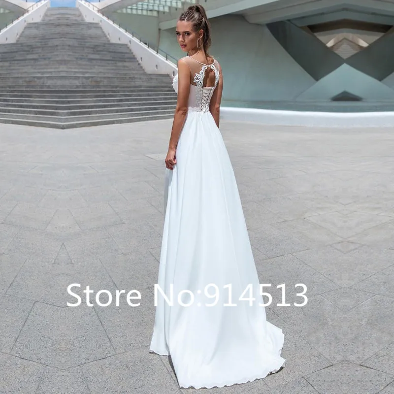 Chiffon Wedding Dress White Ivory Lace Appliques Simple Sleeveless Bride Dresses Custom Made Floor Length Vestido de Noiva