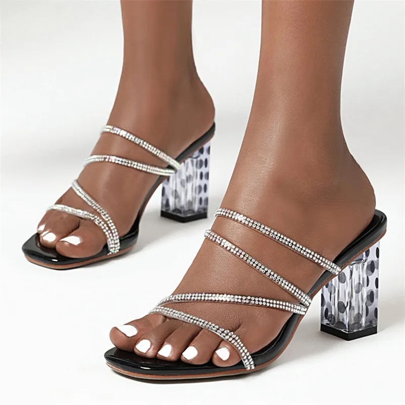 Мюли на высоком каблуке прозрачные женские туфли блочном блестящие летние