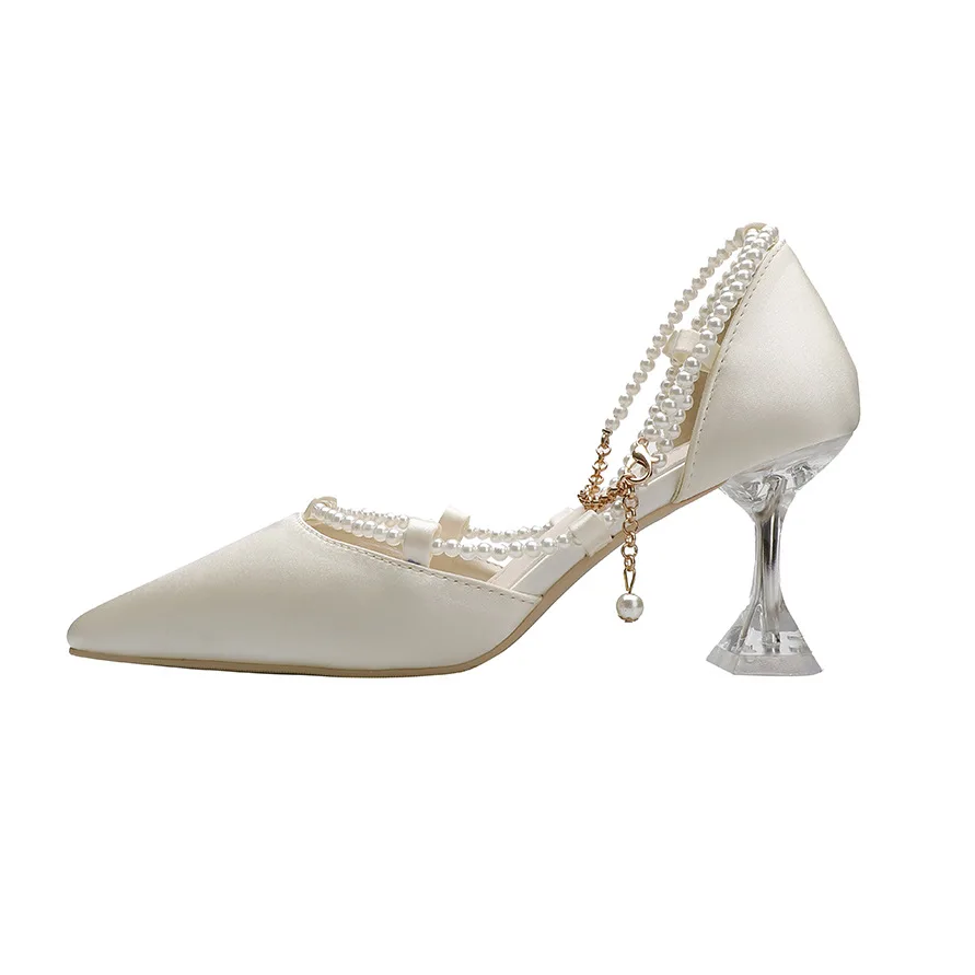 

Europe And United States New Sexy Pointed Pump High Heels Satin Banquet High Heels Beaded Women's Sandals With Stiletto Heels