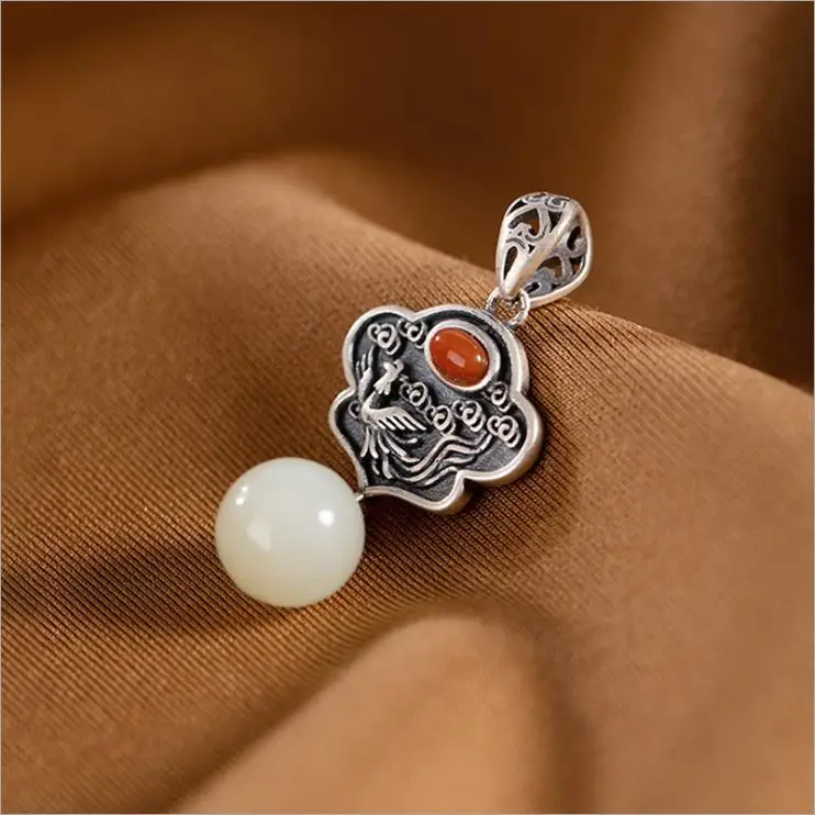 

S925 Sterling Silver Inlaid Hetian Jade Ball Pendant Personality Phoenix White Jade Beads South Red Pendant Distressed Style