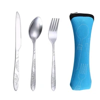 3pcsset dinnerware portable printed stainless steel spoon fork steak knife set travel cutlery tableware with bag