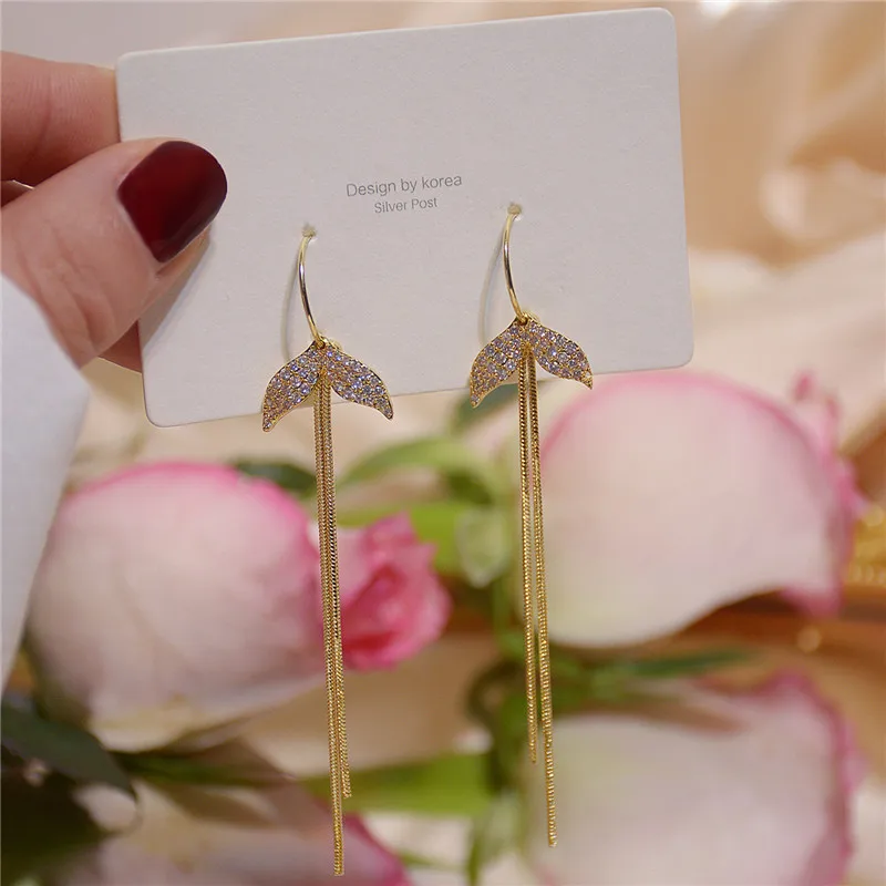 

New Fashion 14K Real Gold Long Fishtail Tassel Stud Earrings for Women Cubic Zircon ZC Elegant Earrings