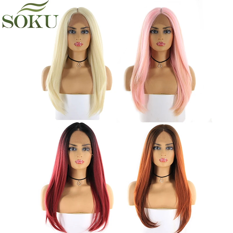 SOKU Pink Color Synthetic Lace Front Wigs For Black Women Middle Part Wig 130% Density Glueless High Temperature Fiber Wigs
