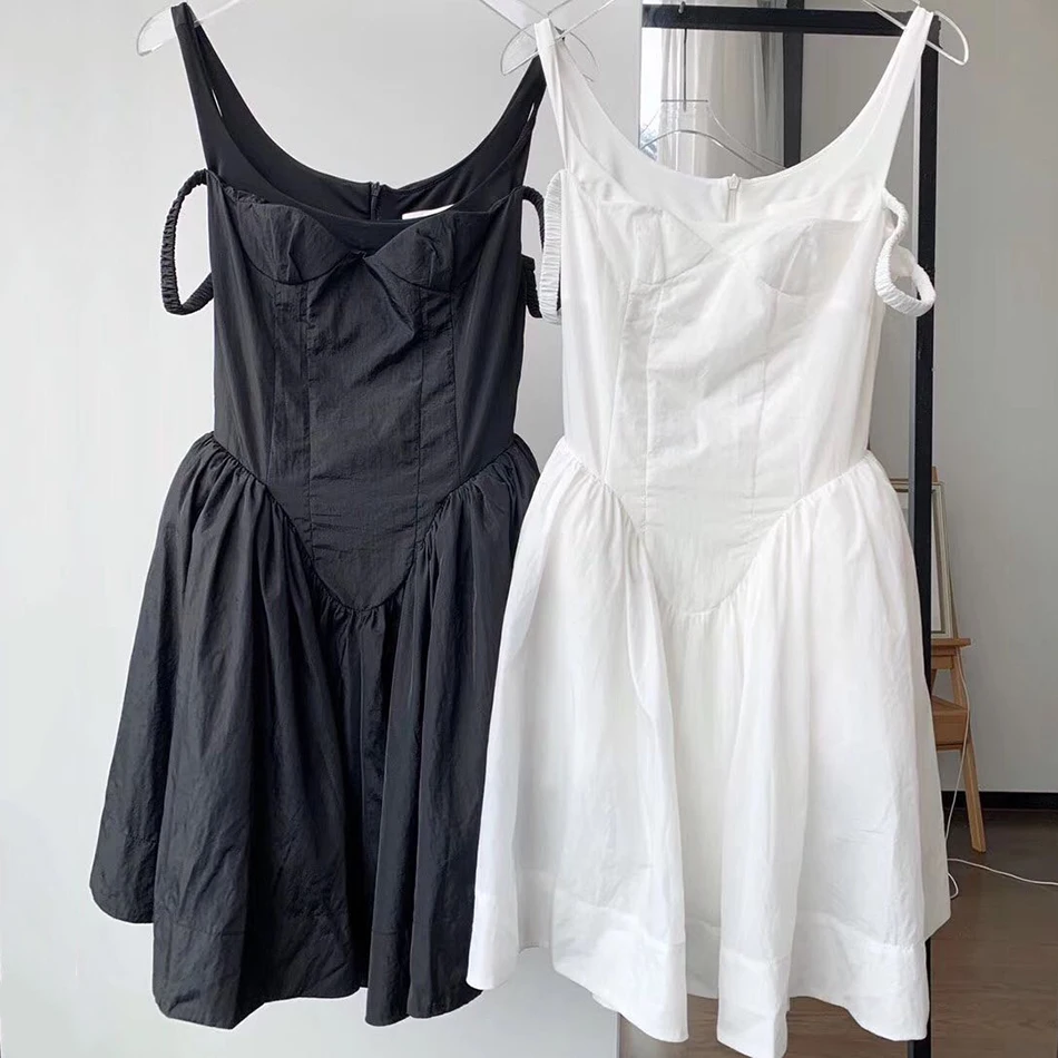 

2020 Summer New Black White Fake Two-piece Puffy Dress Double Shoulder Strap Mini Dress Club Party Runway Dress Vestidos