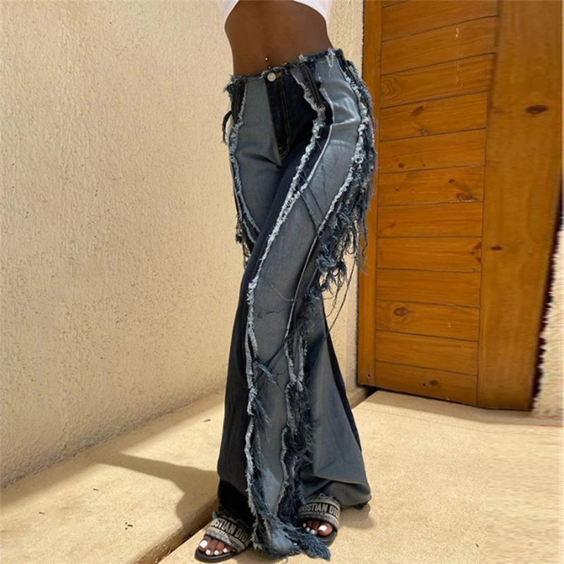 

NOVAINSPO Color Blocking Tassel Button Zipper Patchwork Jeans Women 2021 Denim Fashion Casual Cool Streetwear 1 Piece Trousers