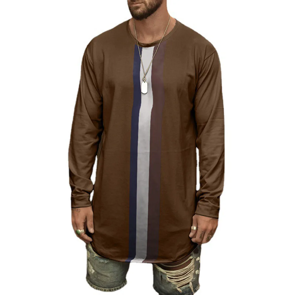 

Autumn New 2021 Europe America Long Sleeve T-shirt Stripe Brown Printing Men's Round Neck Fashion Casual Simplicity Solid Color