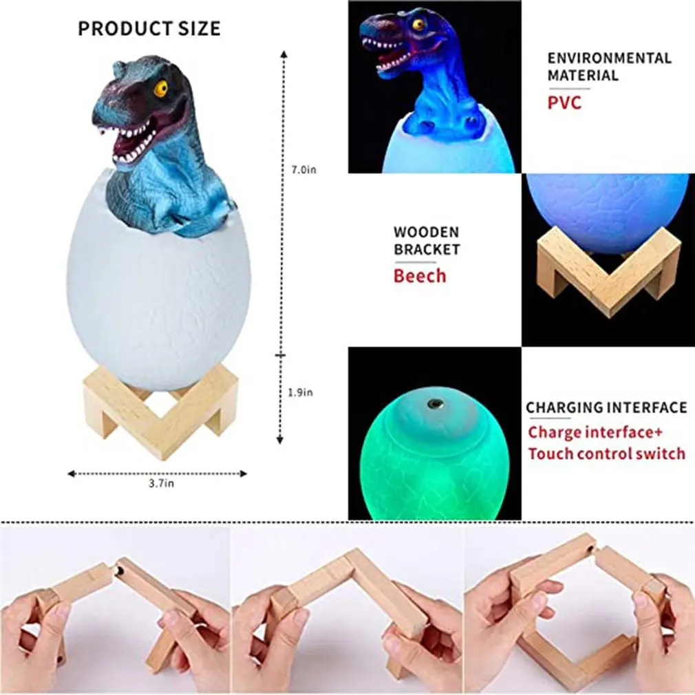 

Creative 3D Dinosaur Night Light 16 Color Touch Remote Control Color Changing USB Charge 300mAh Bedroom Cartoon Light